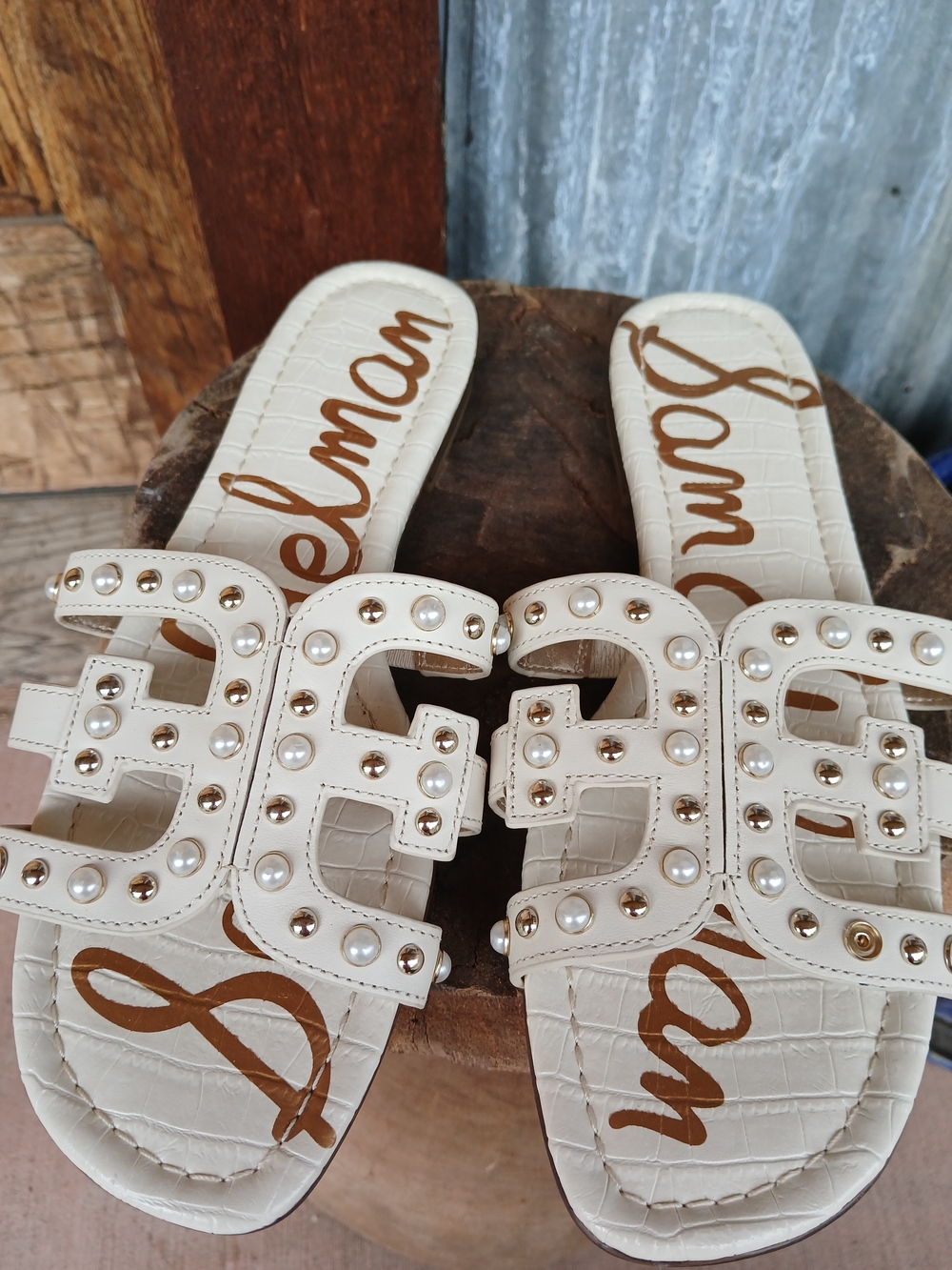 Sam Edelman Bay Slide Sandals Ivory Pearl-Studs Womens Shoes Size 10.5 NEW